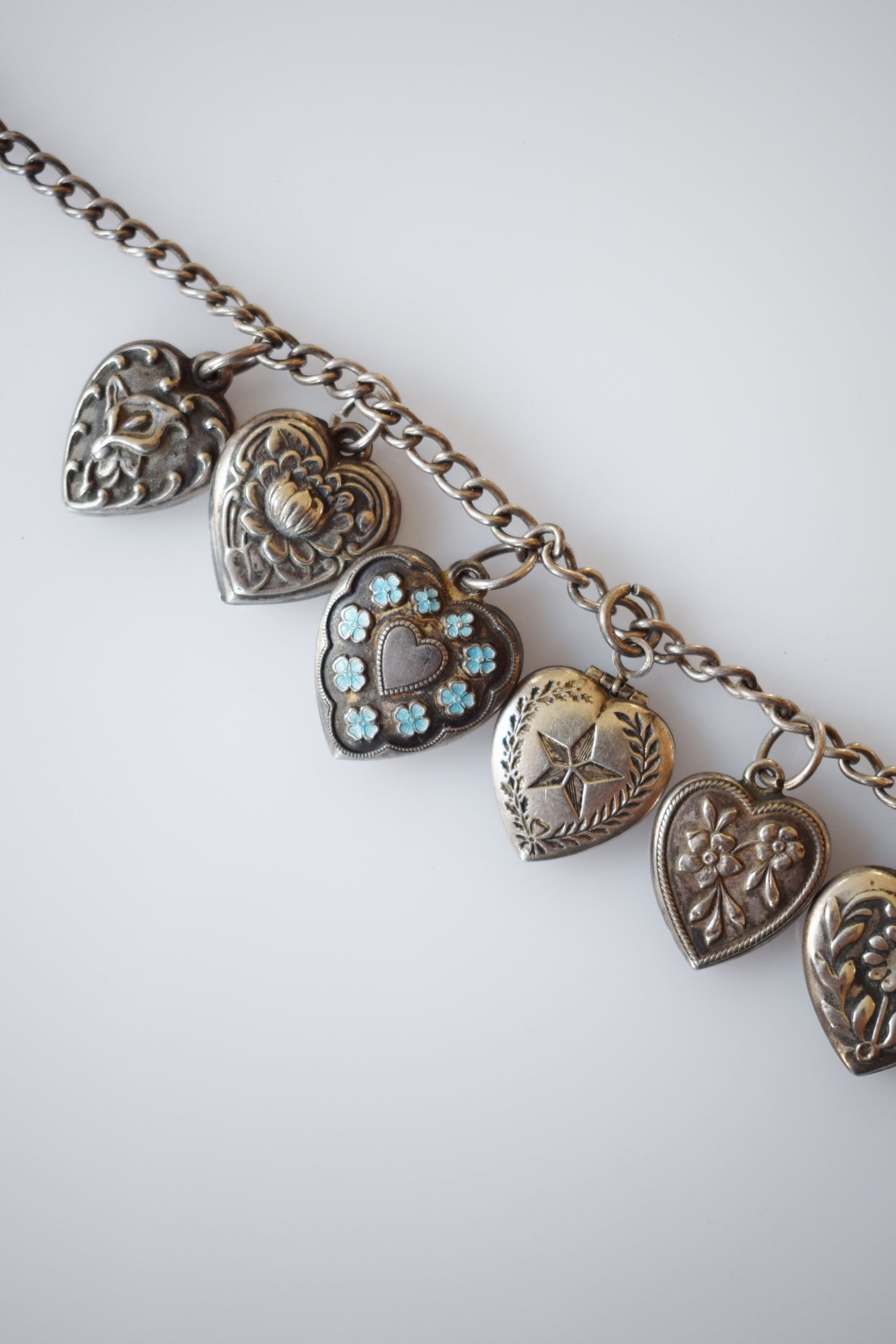 Vintage 1940s Sterling Silver Puffy Heart Charm Bracelet