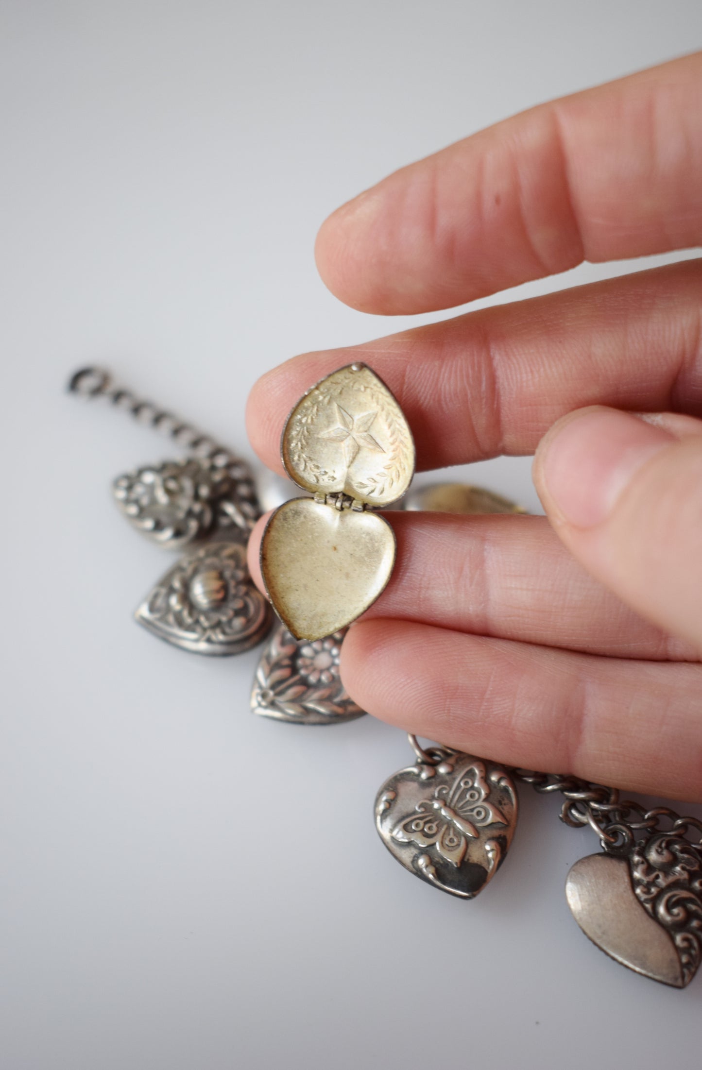 Vintage 1940s Sterling Silver Puffy Heart Charm Bracelet