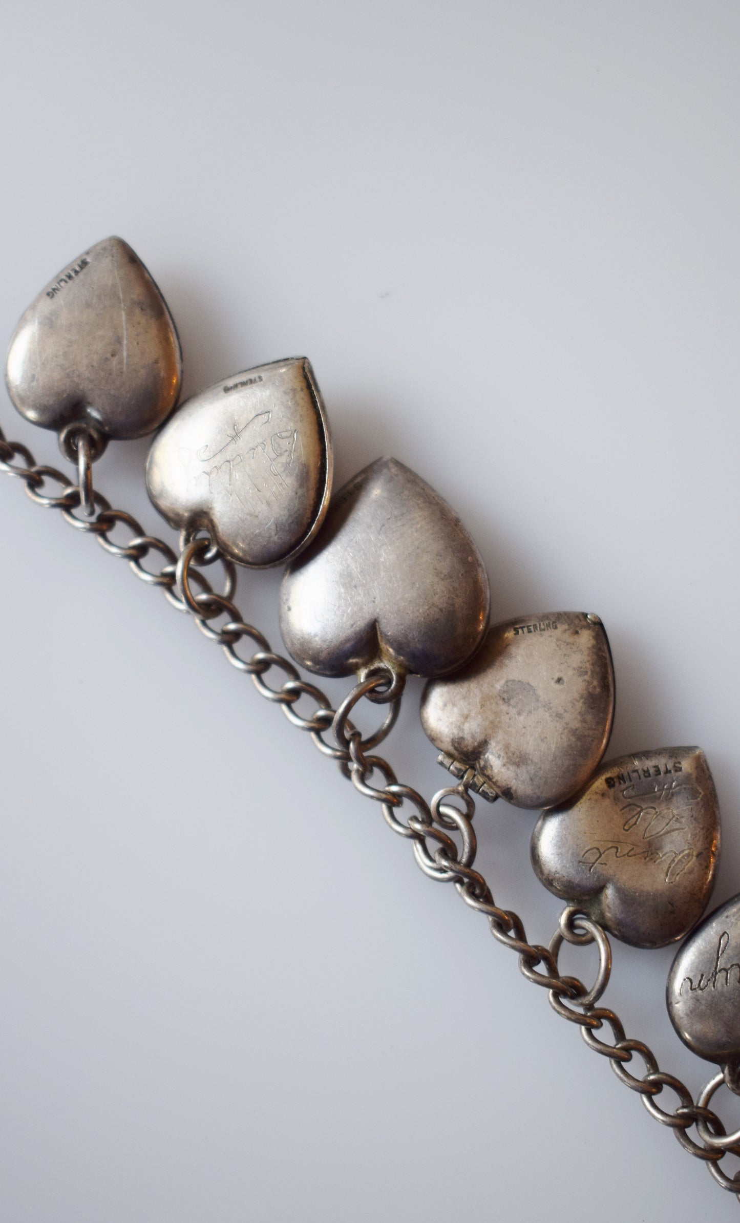 Vintage 1940s Sterling Silver Puffy Heart Charm Bracelet