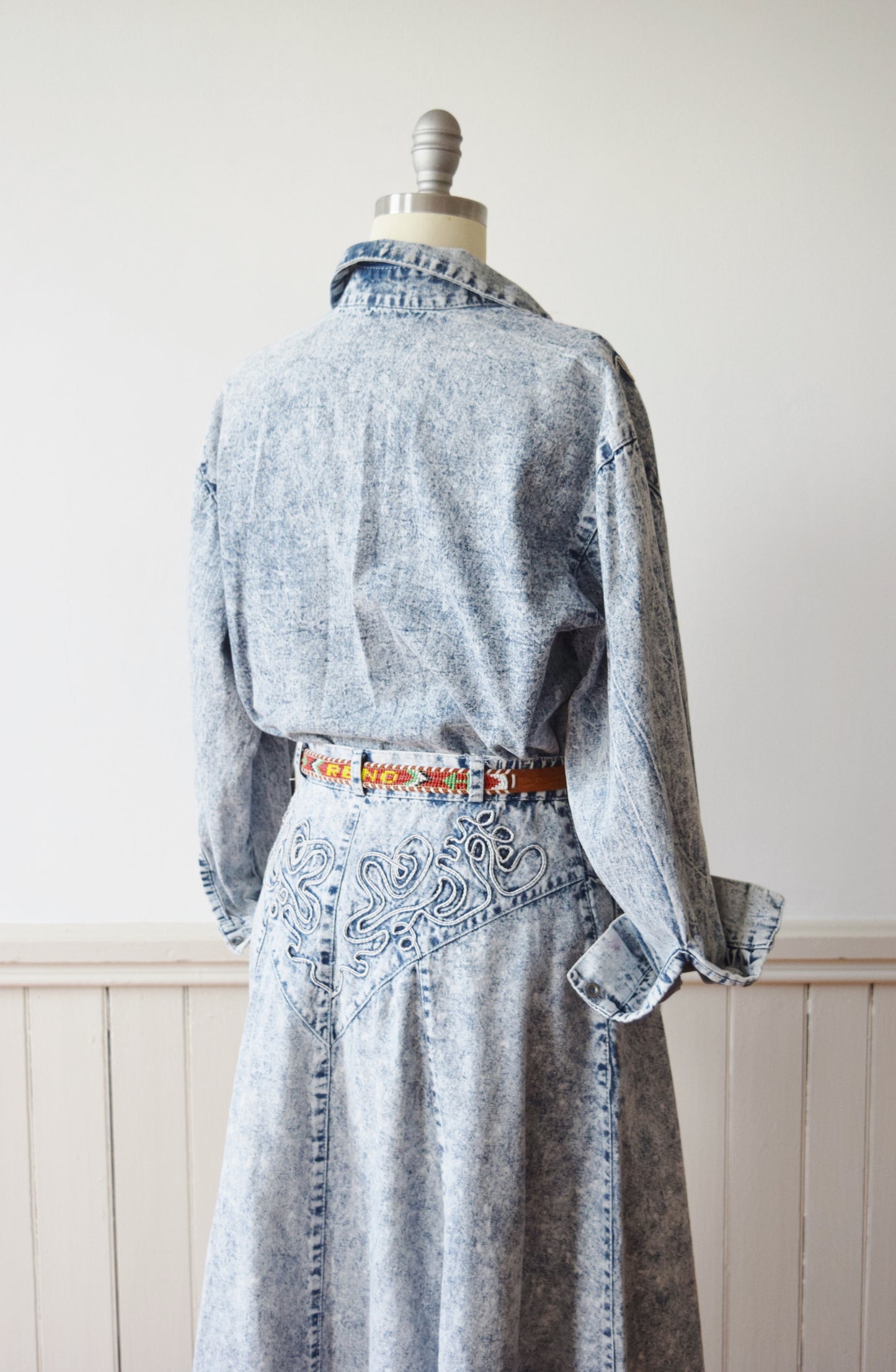 1980s Acid Washed Denim Dress Set | Westernwear Inspired Skirt and Shirt | M