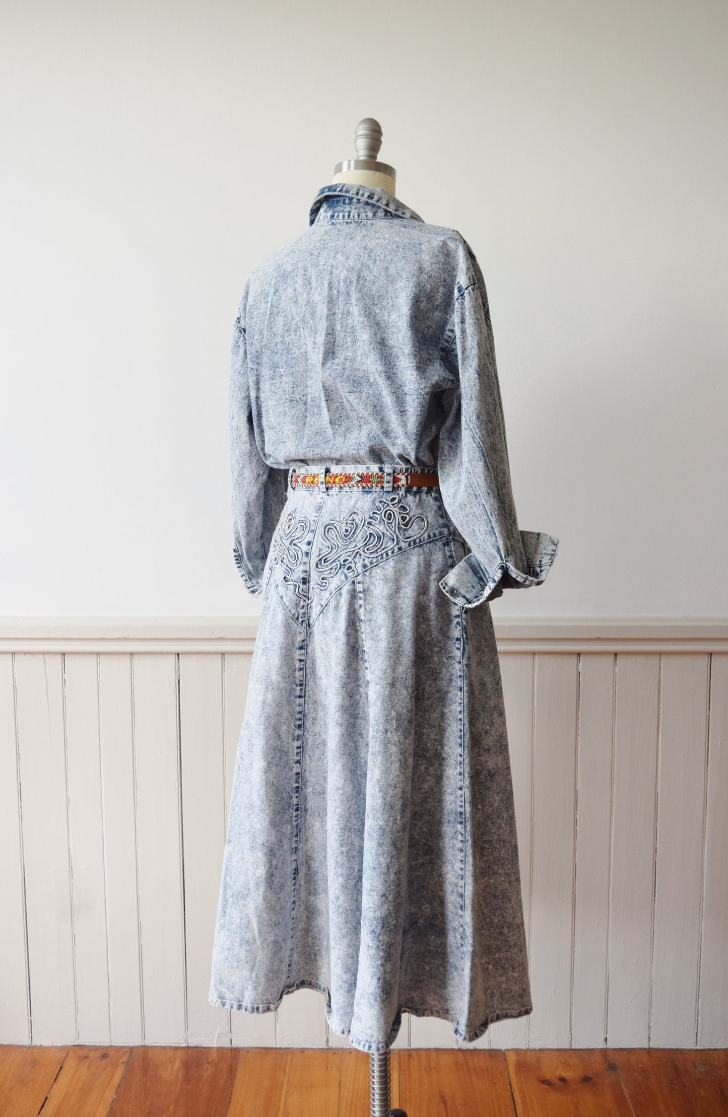 1980s Acid Washed Denim Dress Set | Westernwear Inspired Skirt and Shirt | M