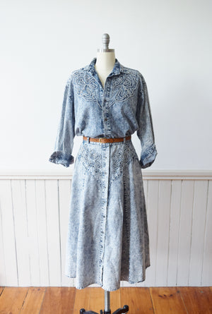 1980s Acid Washed Denim Dress Set | Westernwear Inspired Skirt and Shirt | M