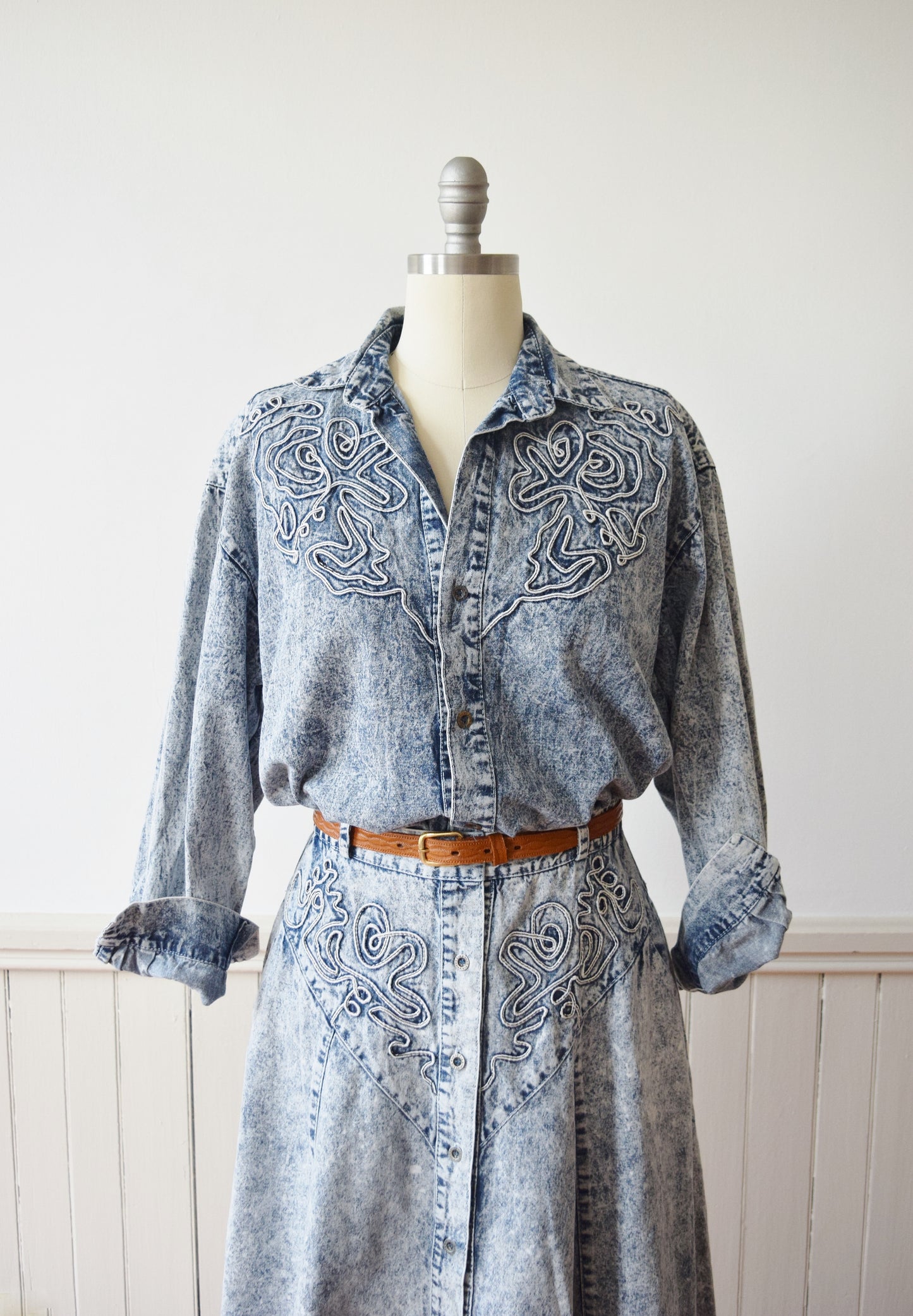 1980s Acid Washed Denim Dress Set | Westernwear Inspired Skirt and Shirt | M