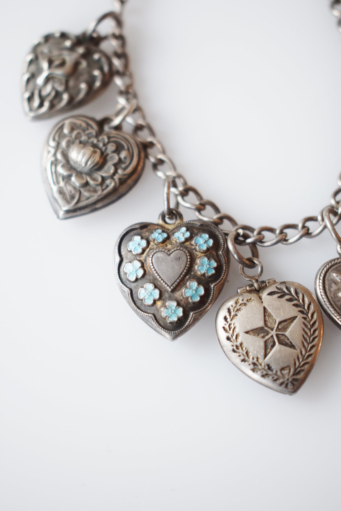 Vintage 1940s Sterling Silver Puffy Heart Charm Bracelet