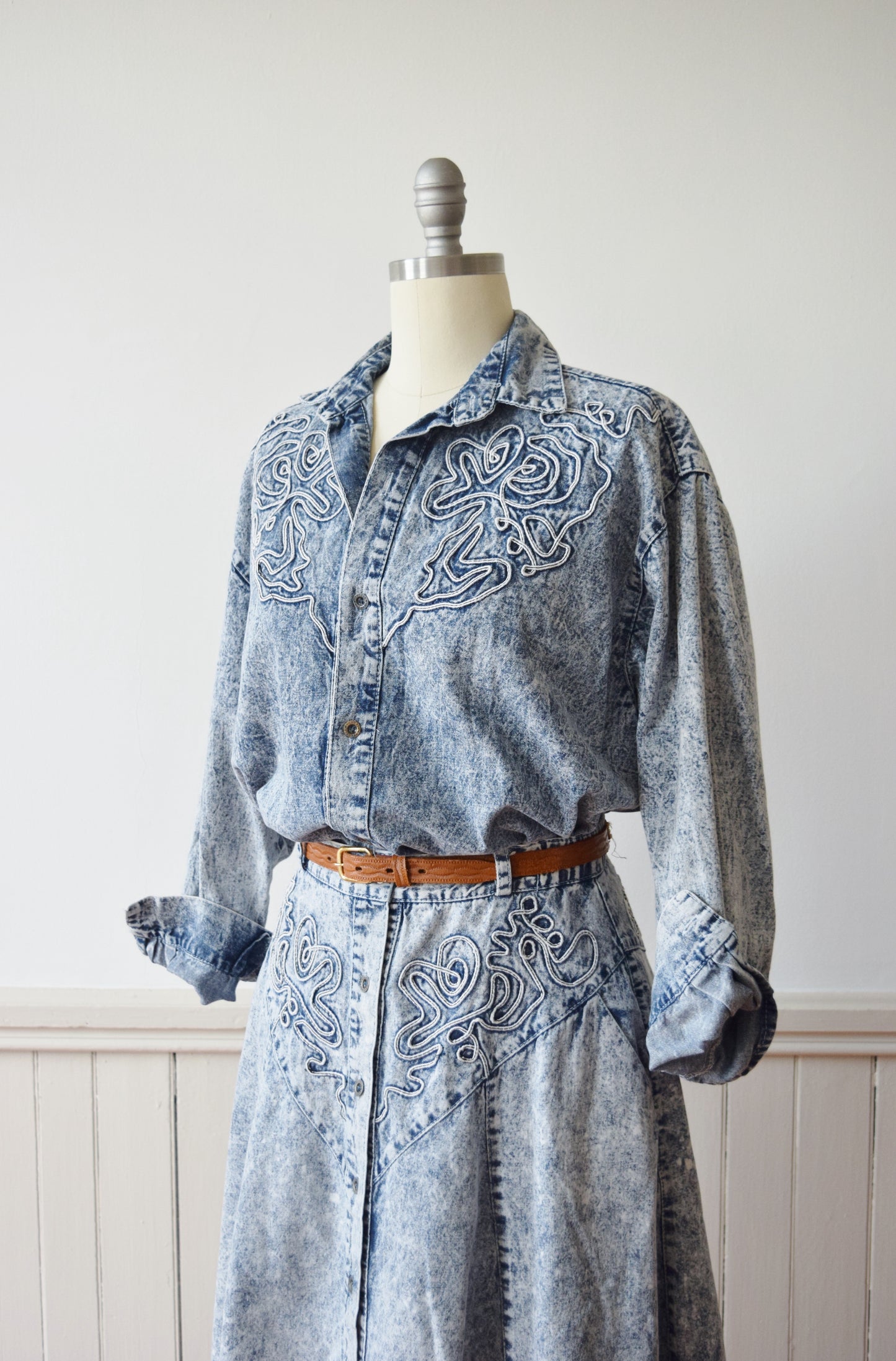 1980s Acid Washed Denim Dress Set | Westernwear Inspired Skirt and Shirt | M