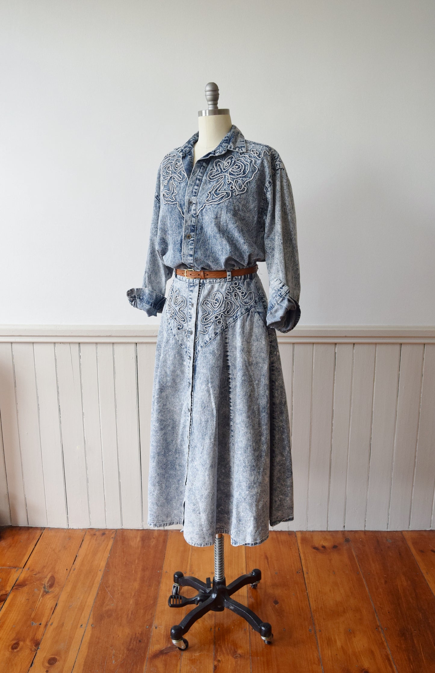 1980s Acid Washed Denim Dress Set | Westernwear Inspired Skirt and Shirt | M