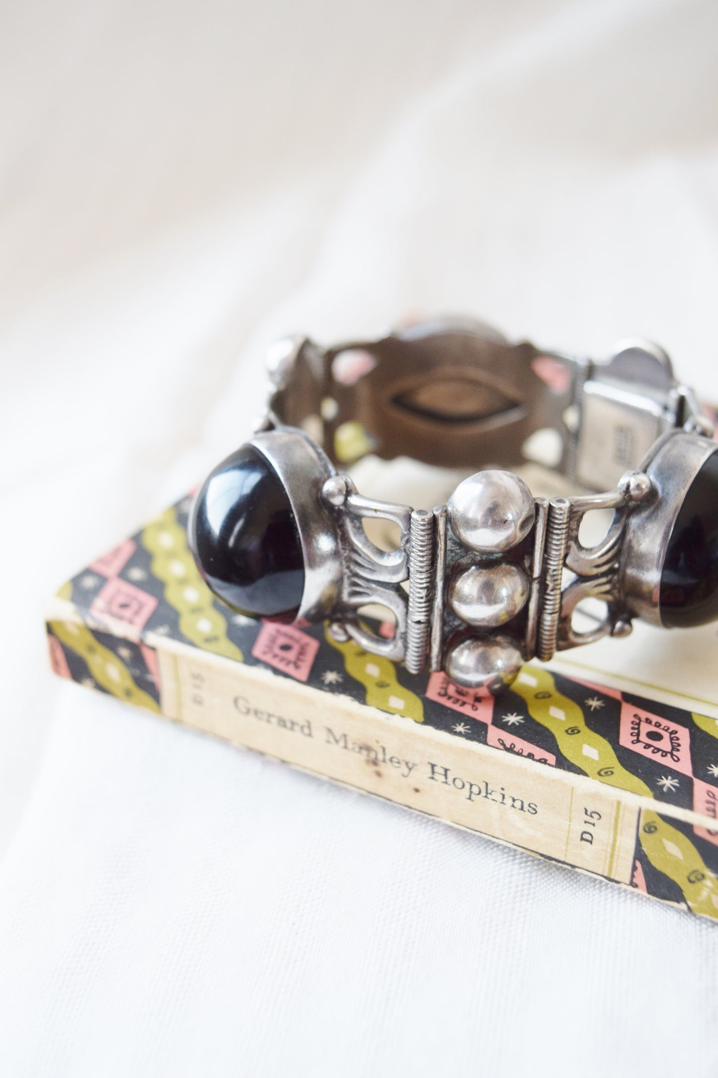 Large Mexican Sterling + Onyx Bracelet | 1970s
