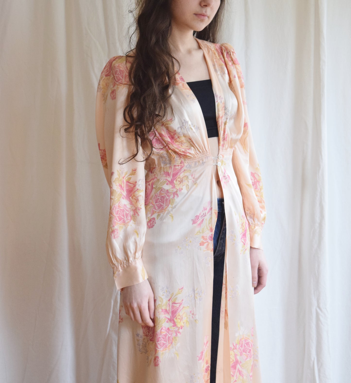 1940s Floral Satin Duster / Dressing Gown