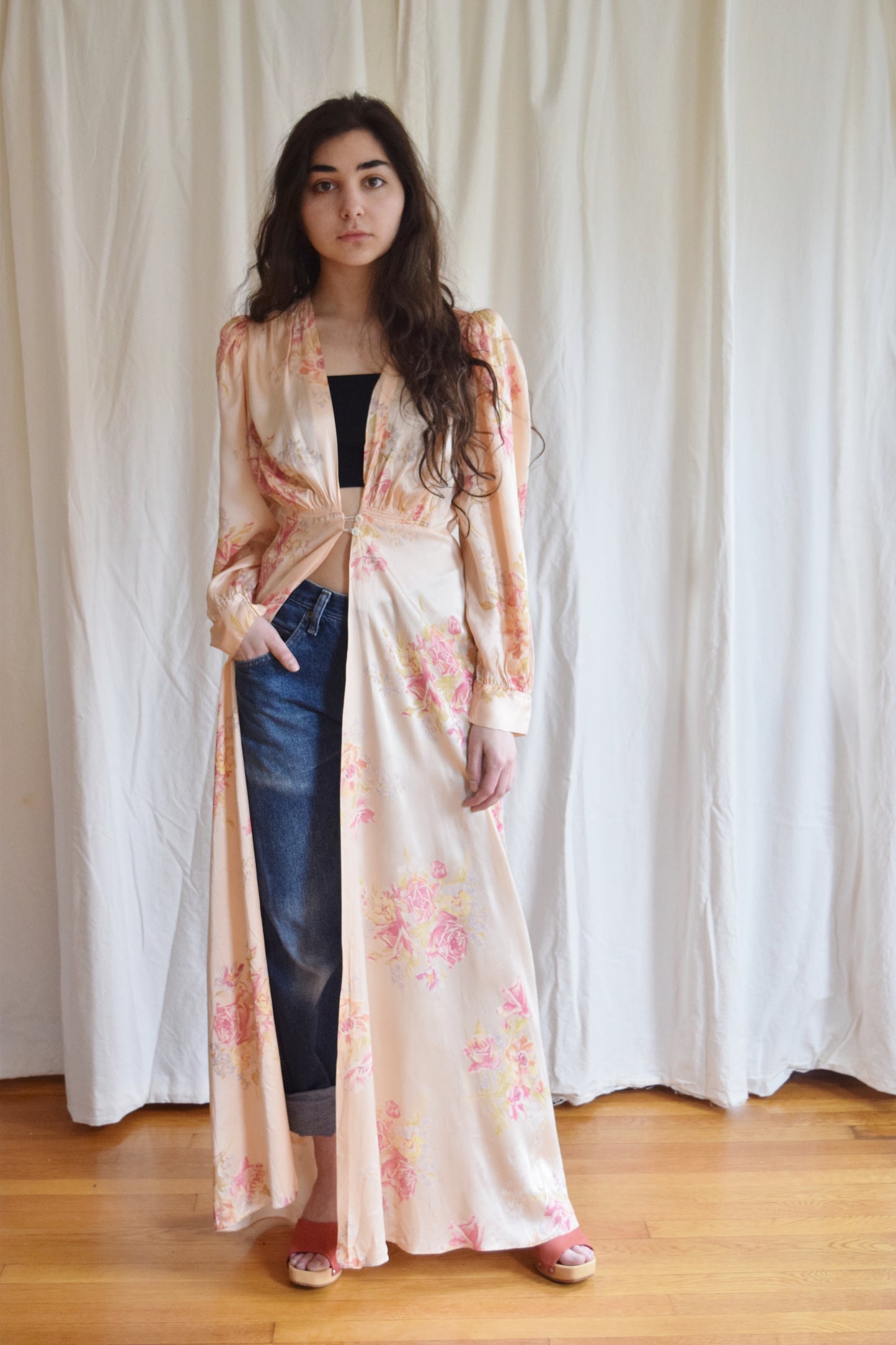 1940s Floral Satin Duster / Dressing Gown