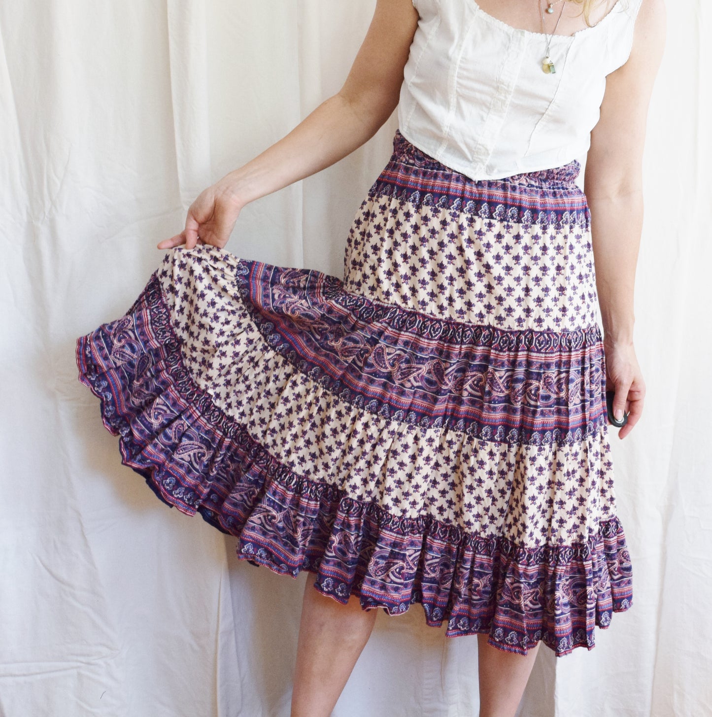 1970s Indian Block Print Midi Skirt