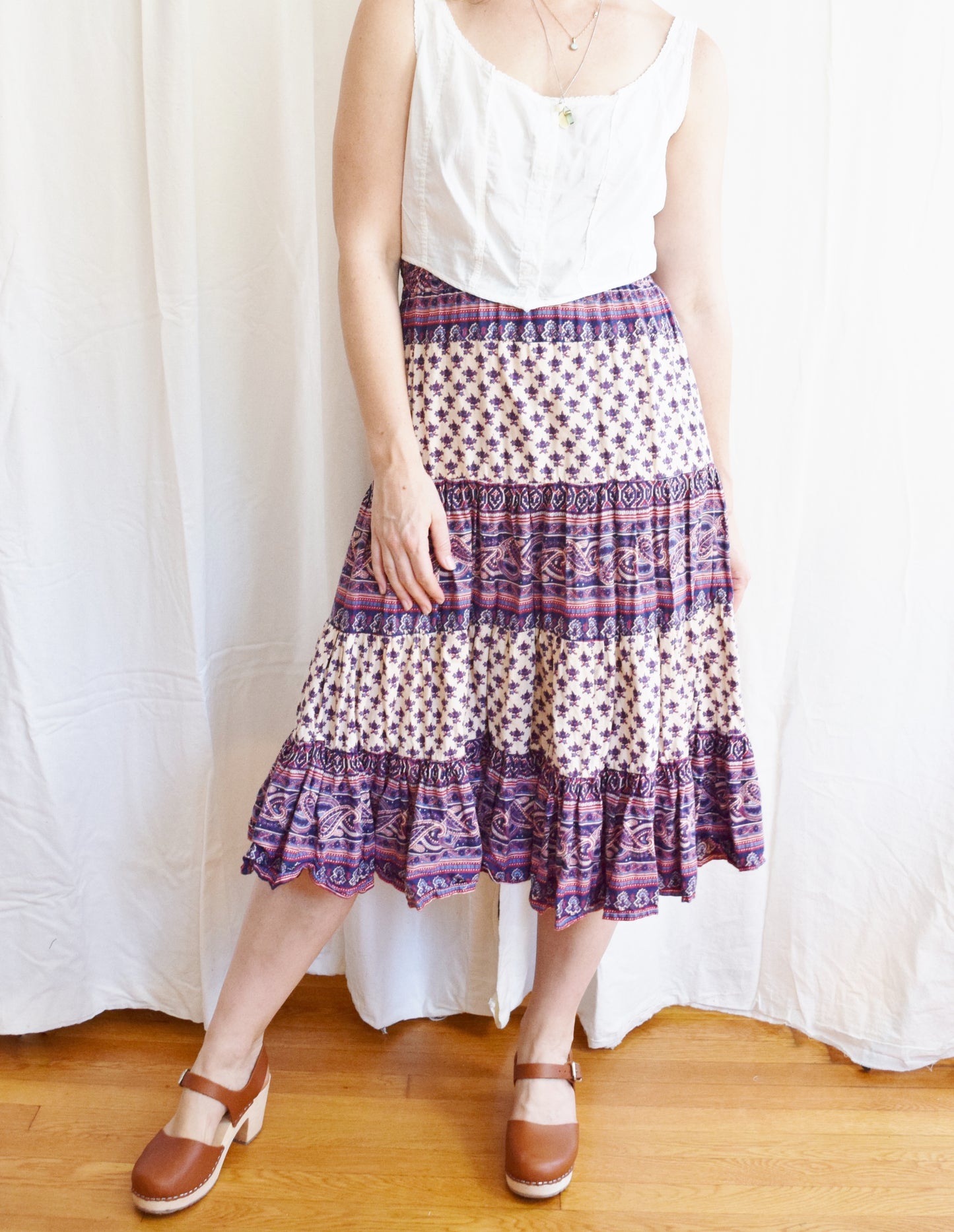 1970s Indian Block Print Midi Skirt