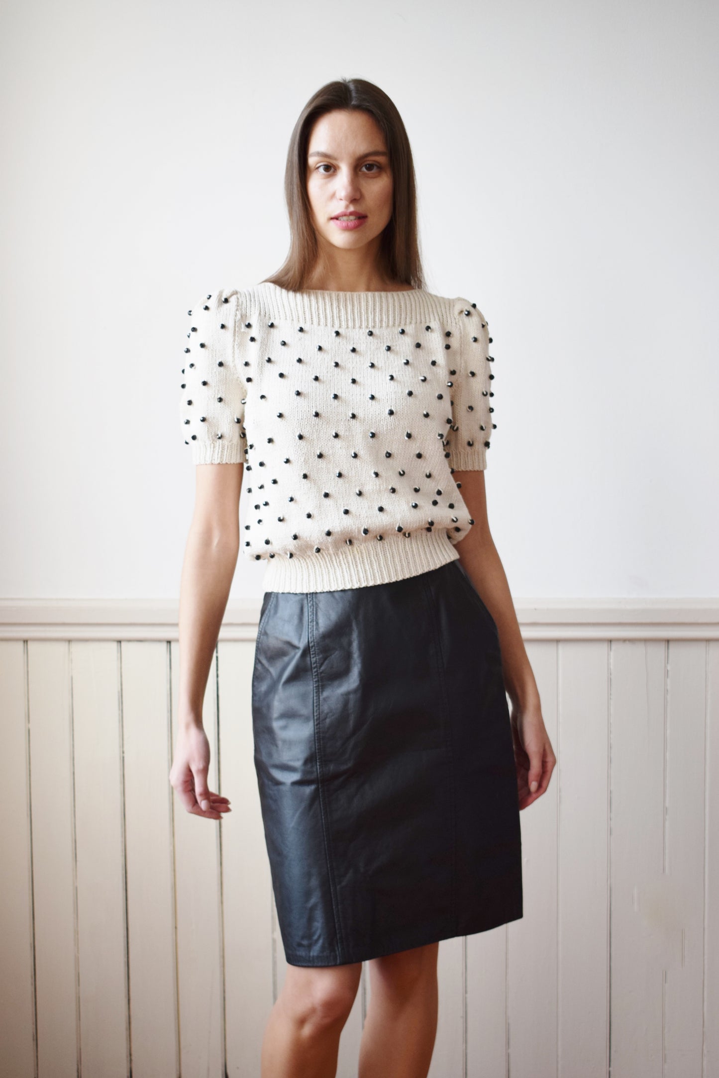 Vintage Cream Knit with Black Beads | S