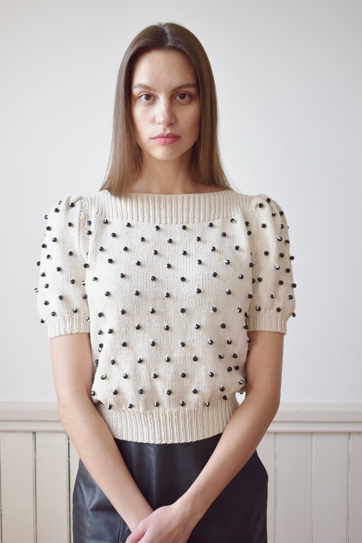 Vintage Cream Knit with Black Beads | S