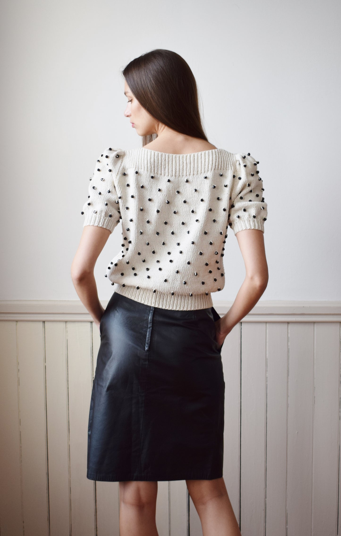 Vintage Cream Knit with Black Beads | S