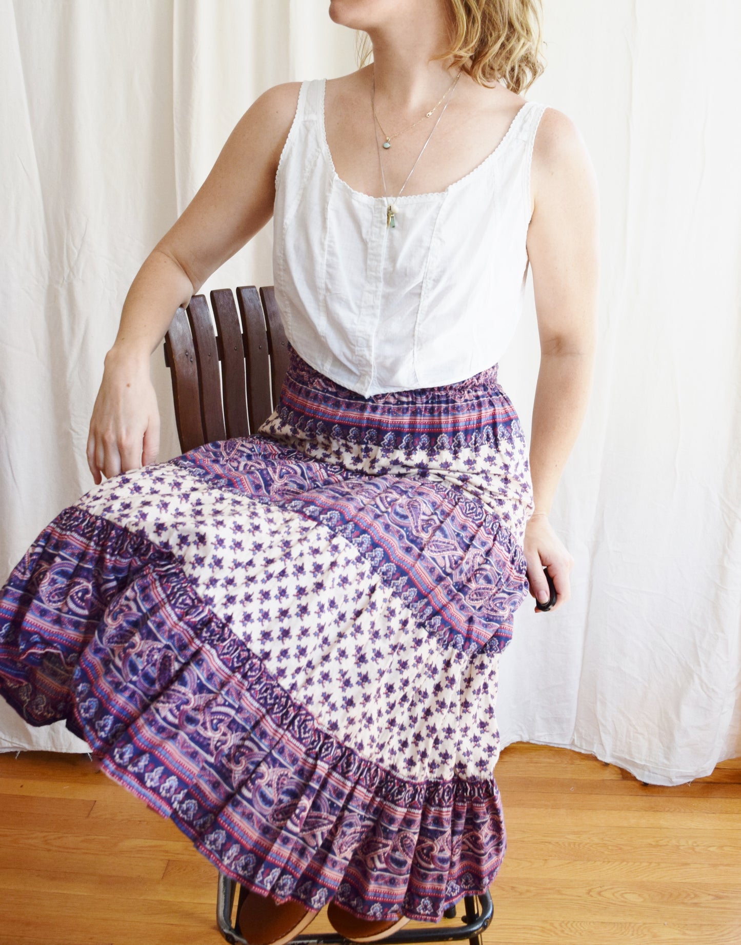 1970s Indian Block Print Midi Skirt