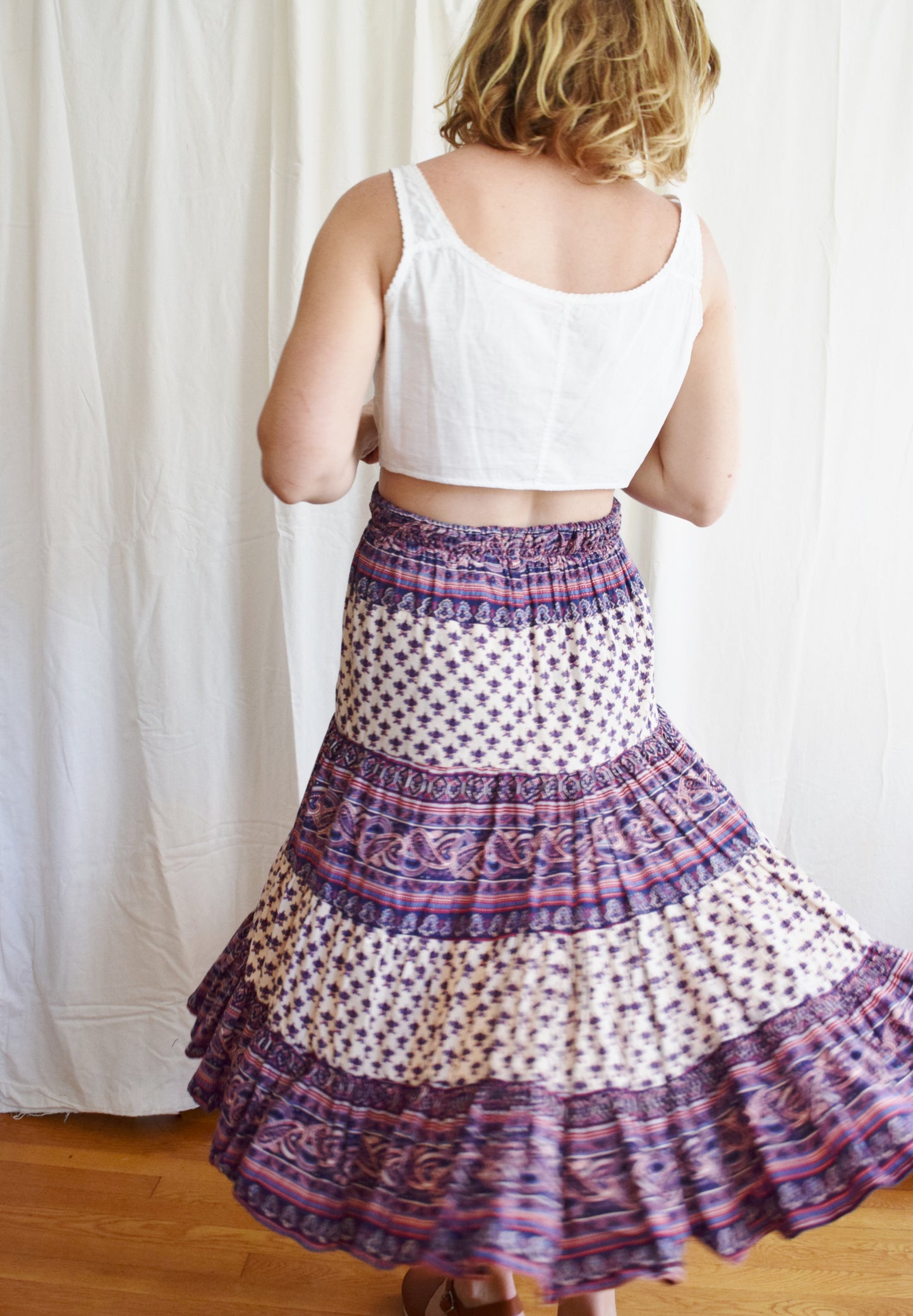 1970s Indian Block Print Midi Skirt