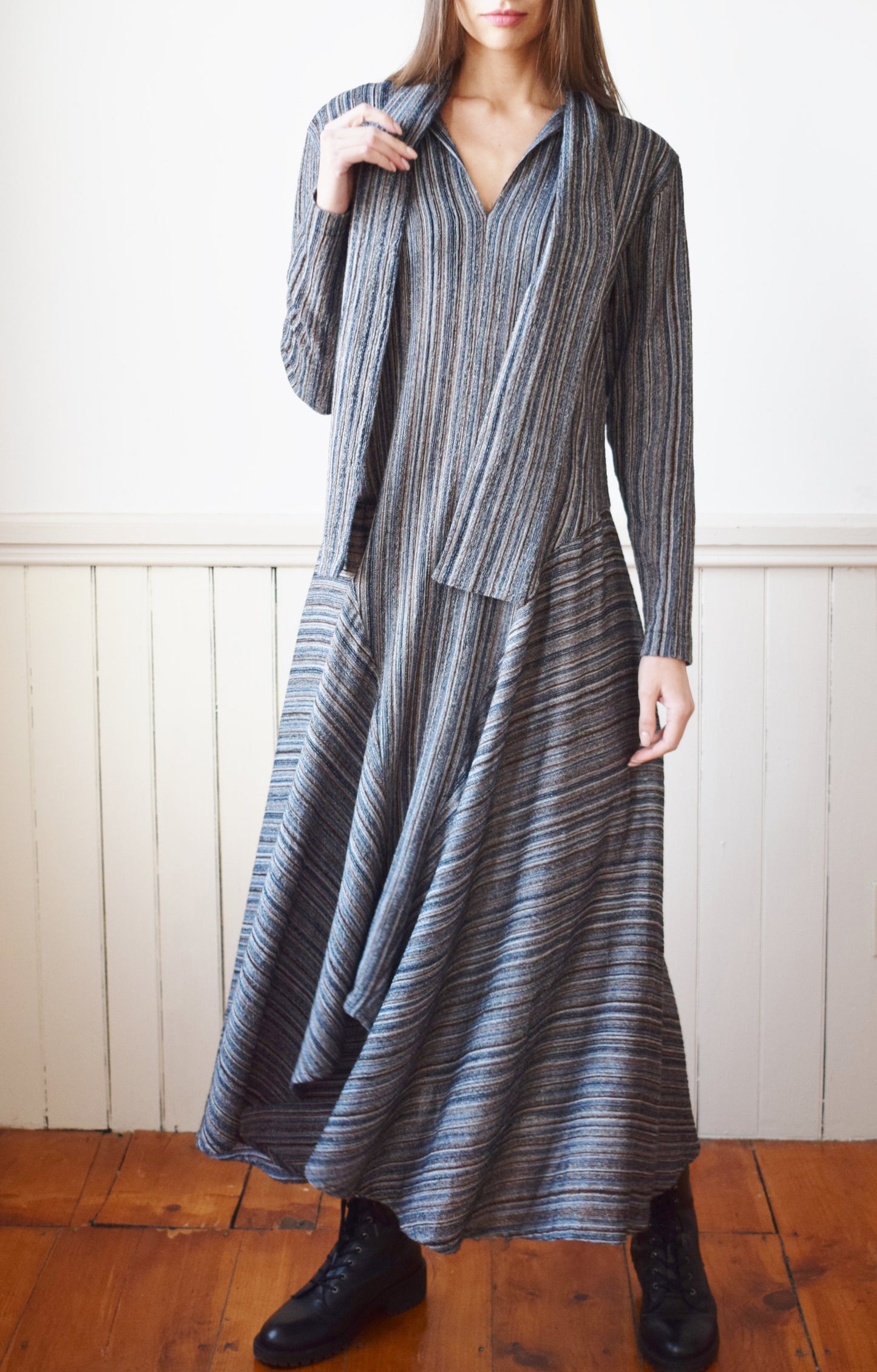 80s Norma Kamali Striped Wool Dress | S