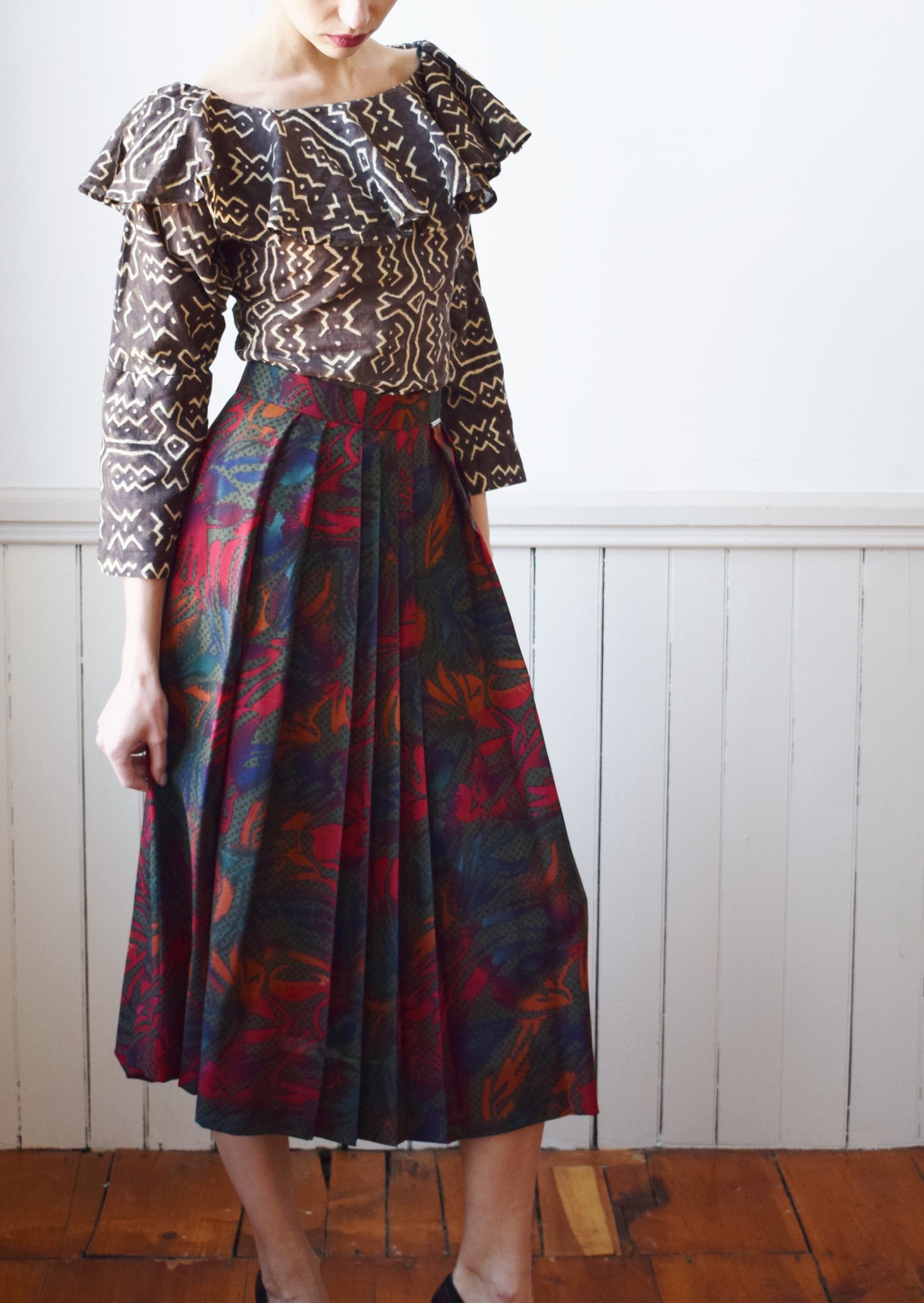90s Pleated Wool Jungle Print Midi Skirt | M