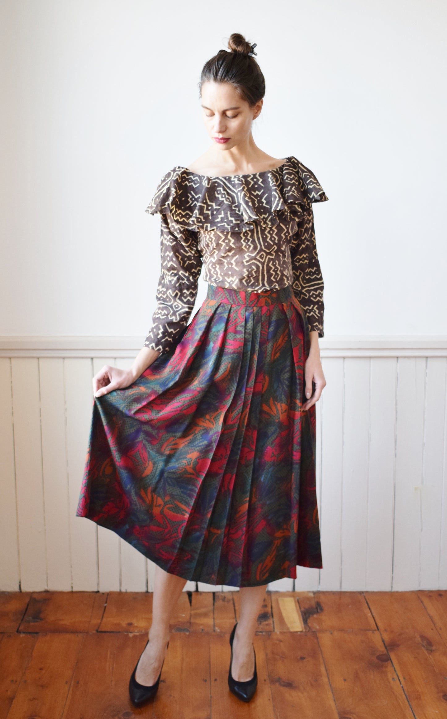 90s Pleated Wool Jungle Print Midi Skirt | M