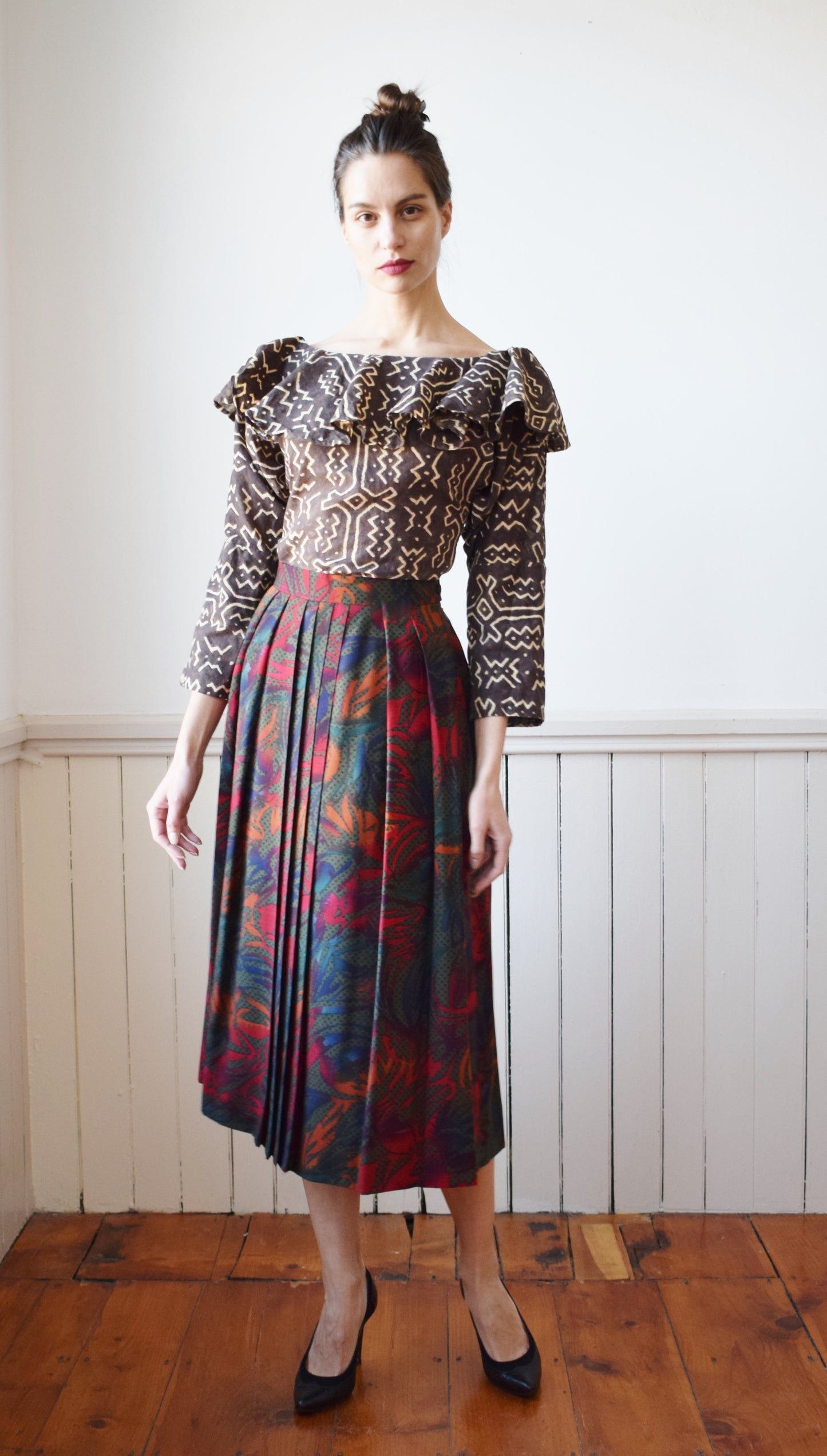 90s Pleated Wool Jungle Print Midi Skirt | M