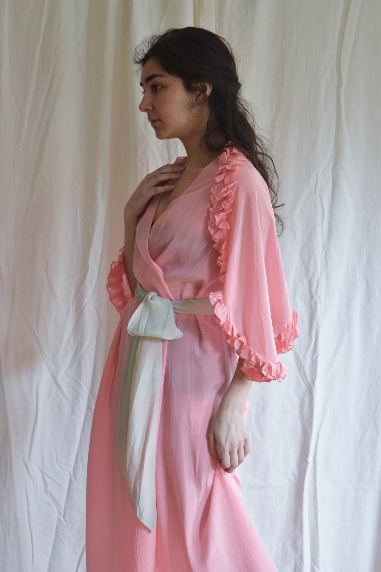 1930s Pink Ruffled Wrap Dress / Dressing Gown with Blue Sash