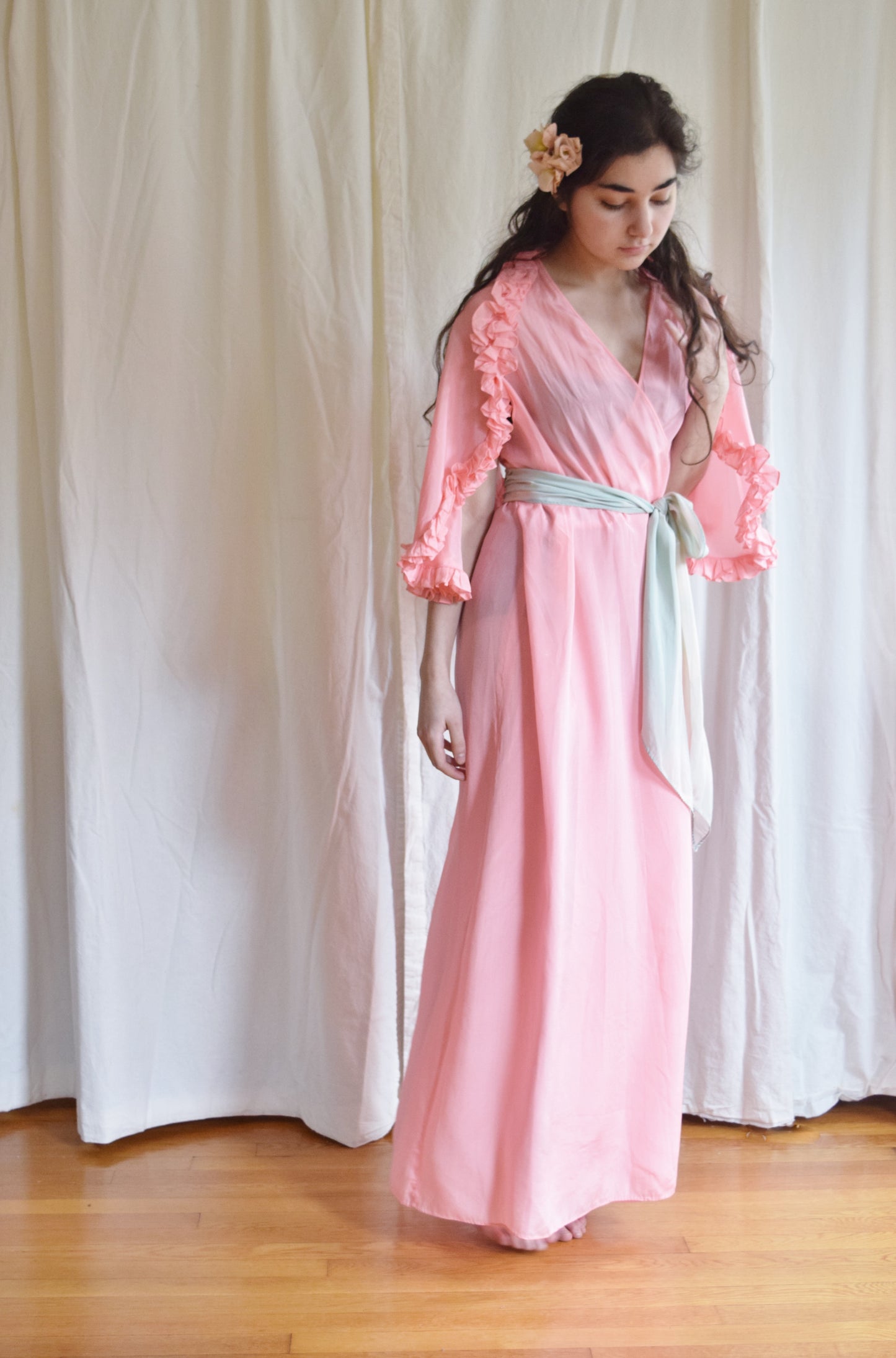 1930s Pink Ruffled Wrap Dress / Dressing Gown with Blue Sash