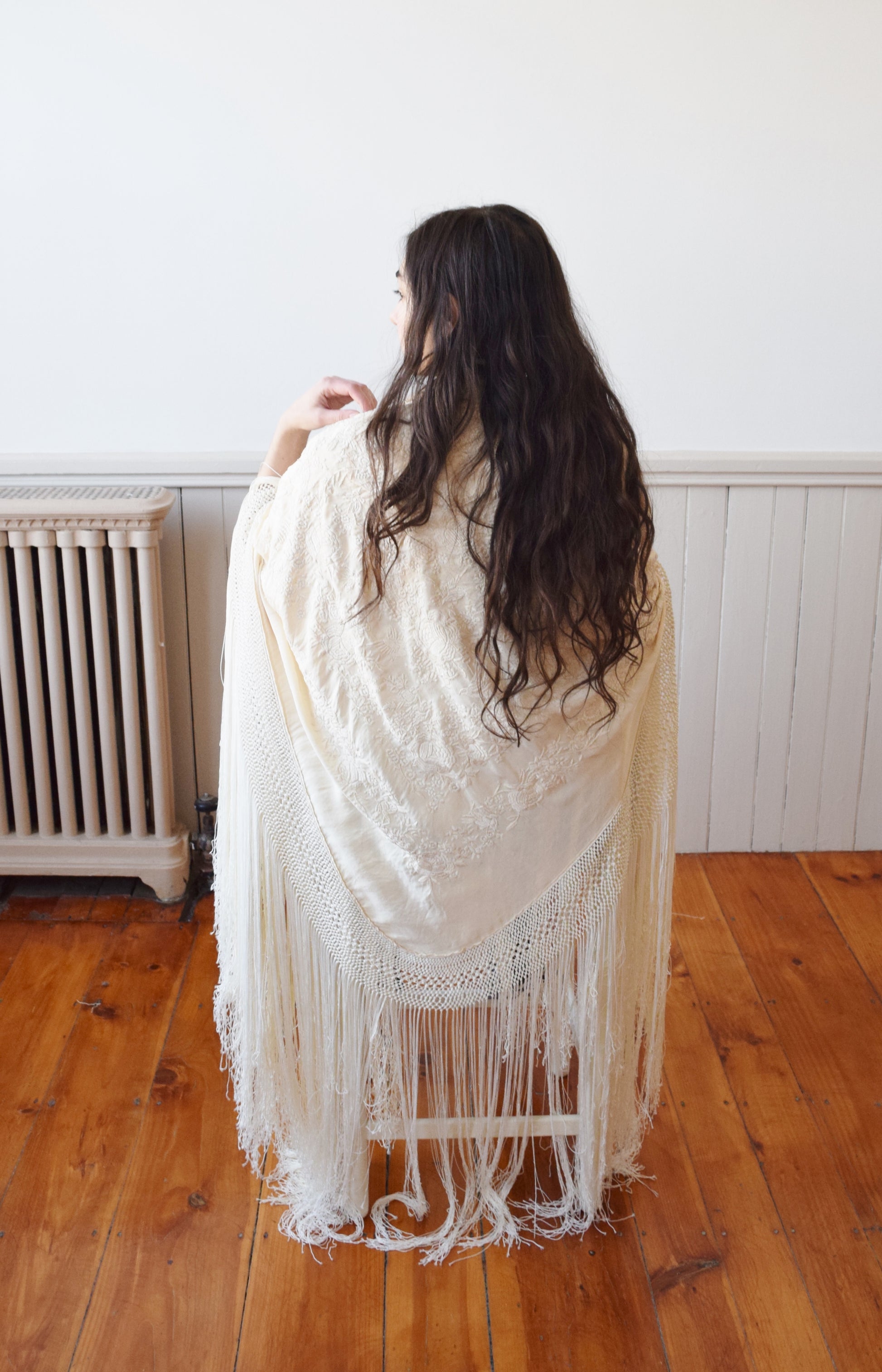 Large Antique Silk Embroidered Piano Shawl with Long Fringe
