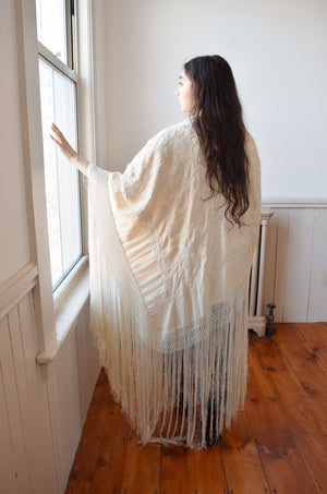 Large Antique Silk Embroidered Piano Shawl with Long Fringe