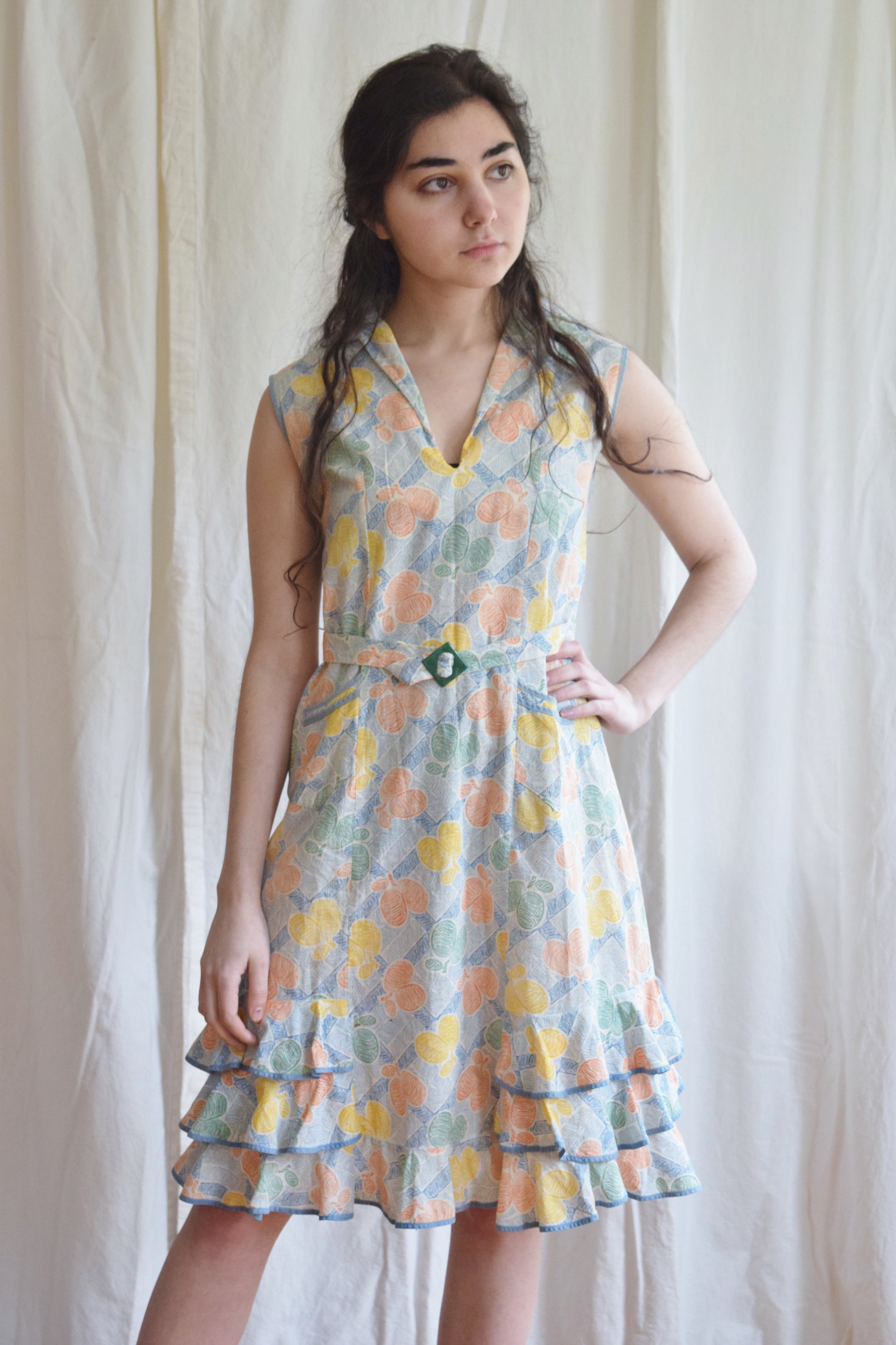 1930s Cotton Day Dress in an Abstract Citrus and Trellis Print | Vinta fieldwork 1930s Cotton Day Dress in an Abstract Citrus and Trellis Print | Vinta fieldwork