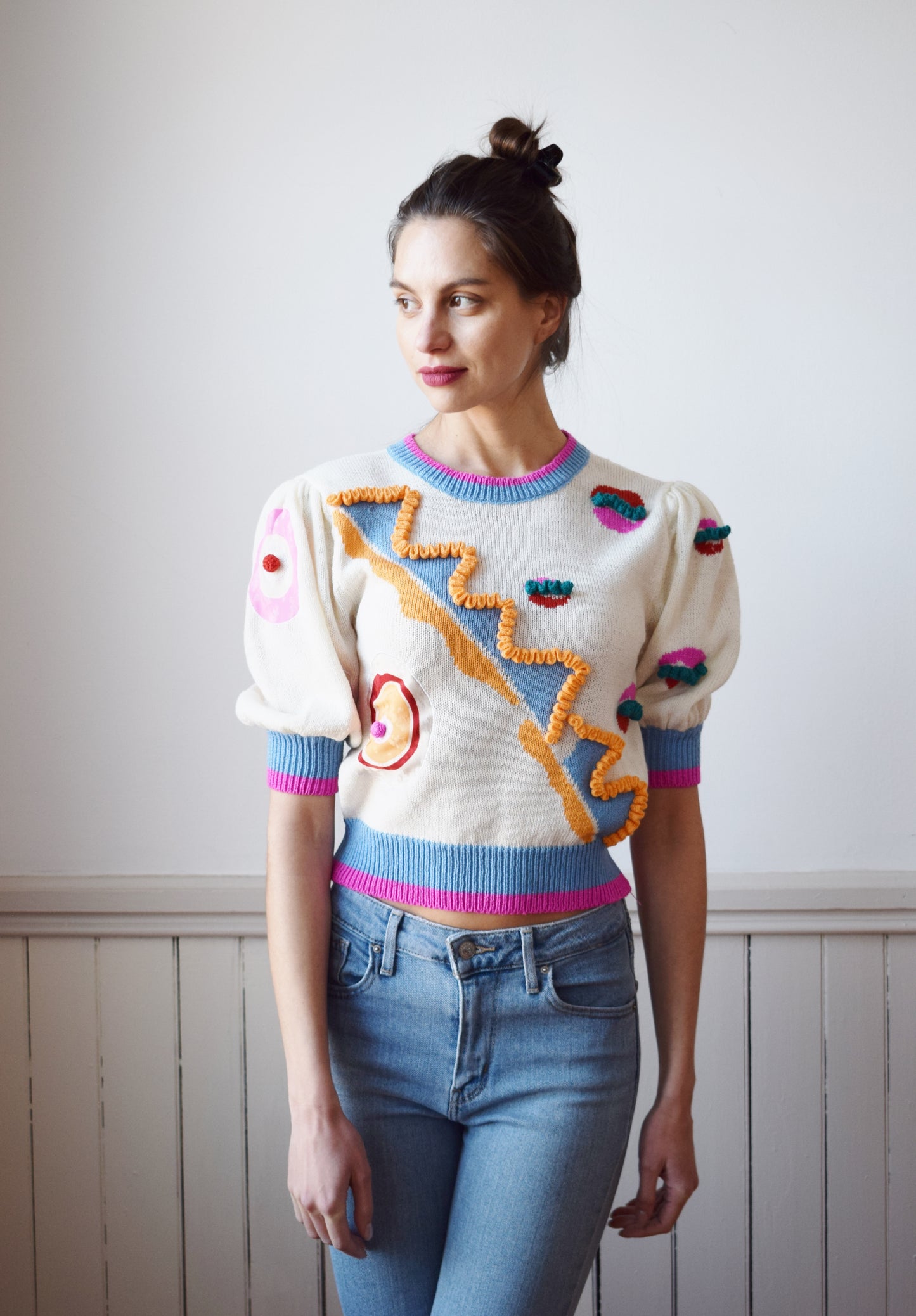 80s Wild Puff Sleeve Knit Top | S