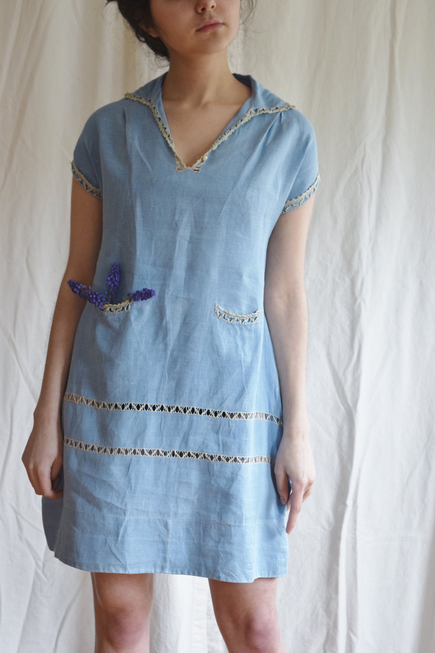 1920s Periwinkle Blue Linen Tunic Dress |1920s Day Dress