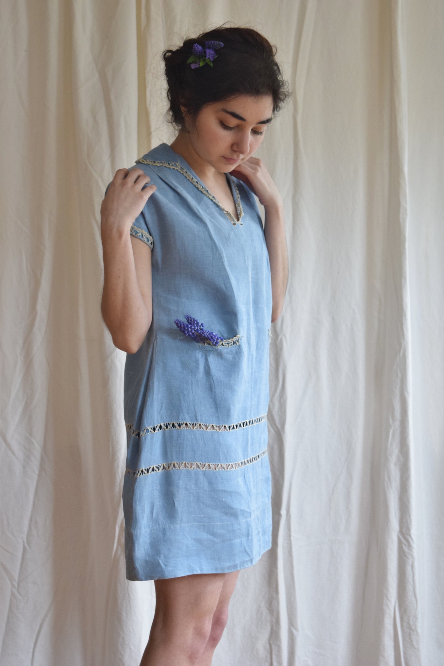1920s Periwinkle Blue Linen Tunic Dress |1920s Day Dress