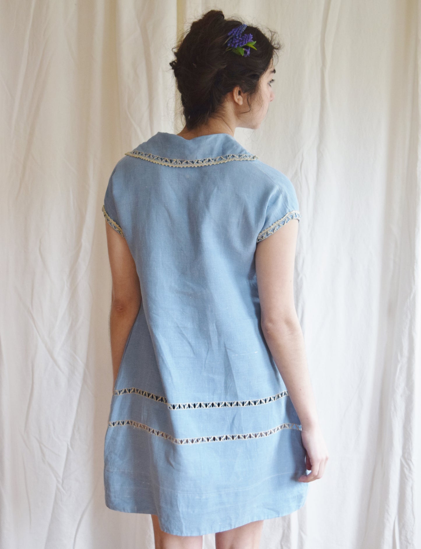 1920s Periwinkle Blue Linen Tunic Dress |1920s Day Dress