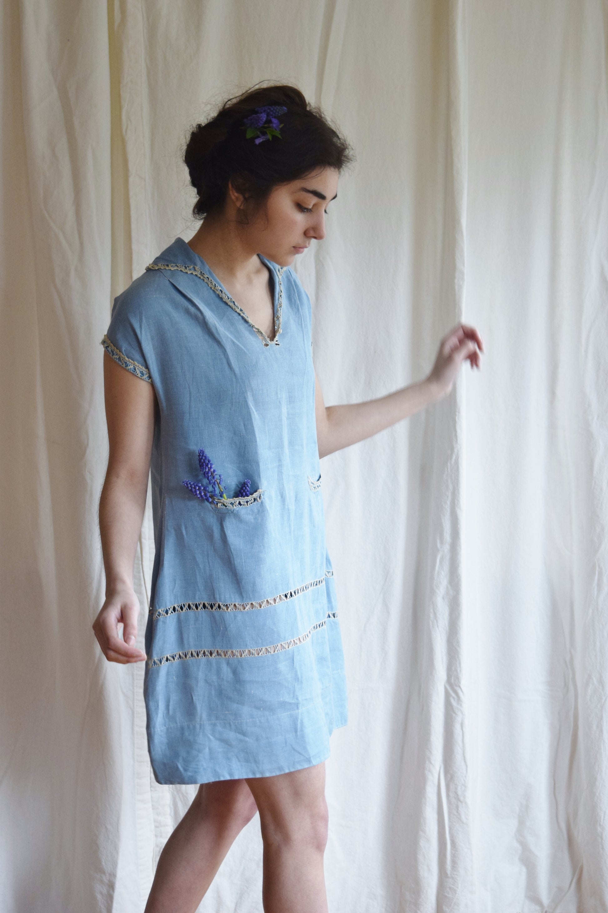1920s Periwinkle Blue Linen Tunic Dress |1920s Day Dress fieldwork 1920s Periwinkle Blue Linen Tunic Dress |1920s Day Dress fieldwork