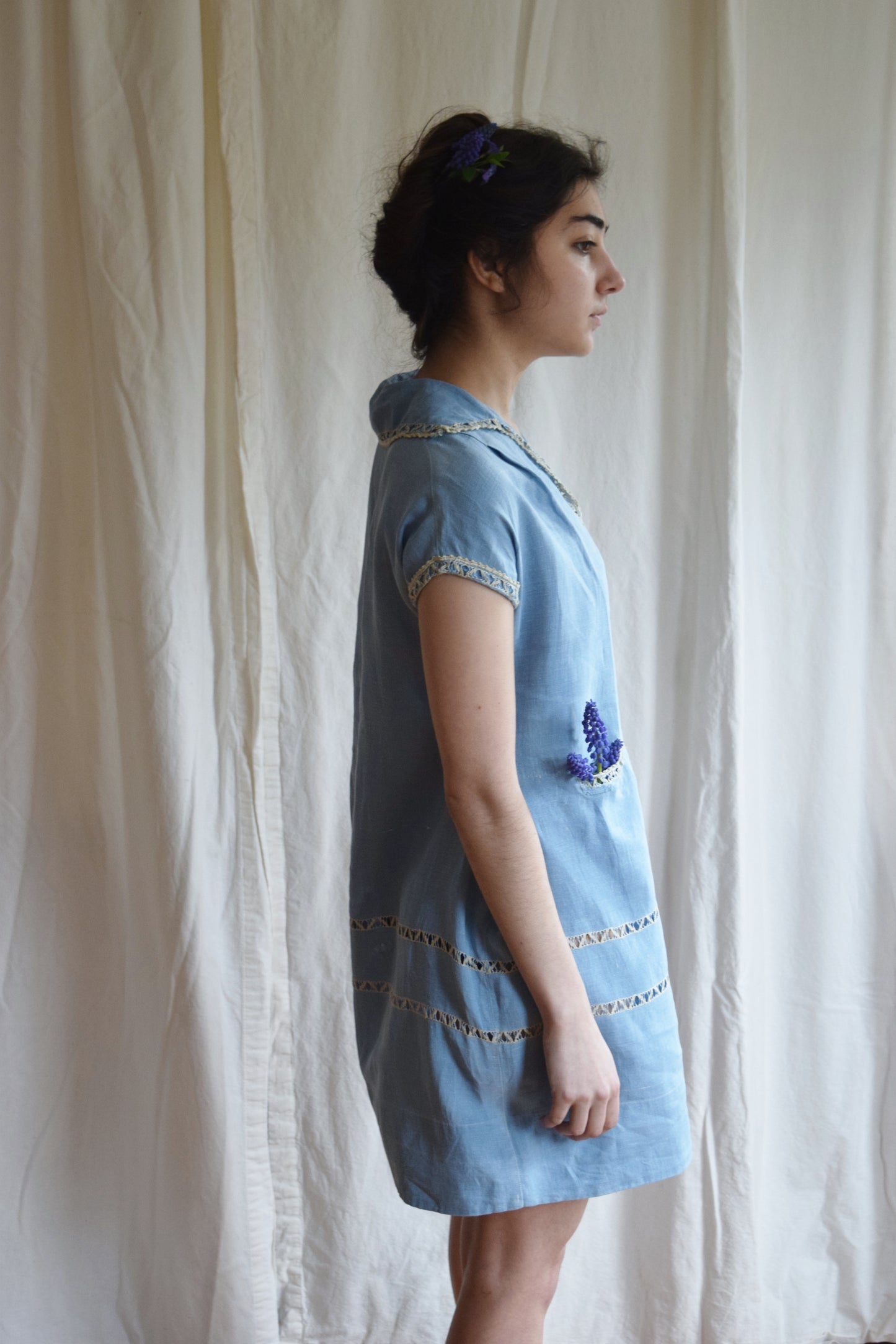 1920s Periwinkle Blue Linen Tunic Dress |1920s Day Dress