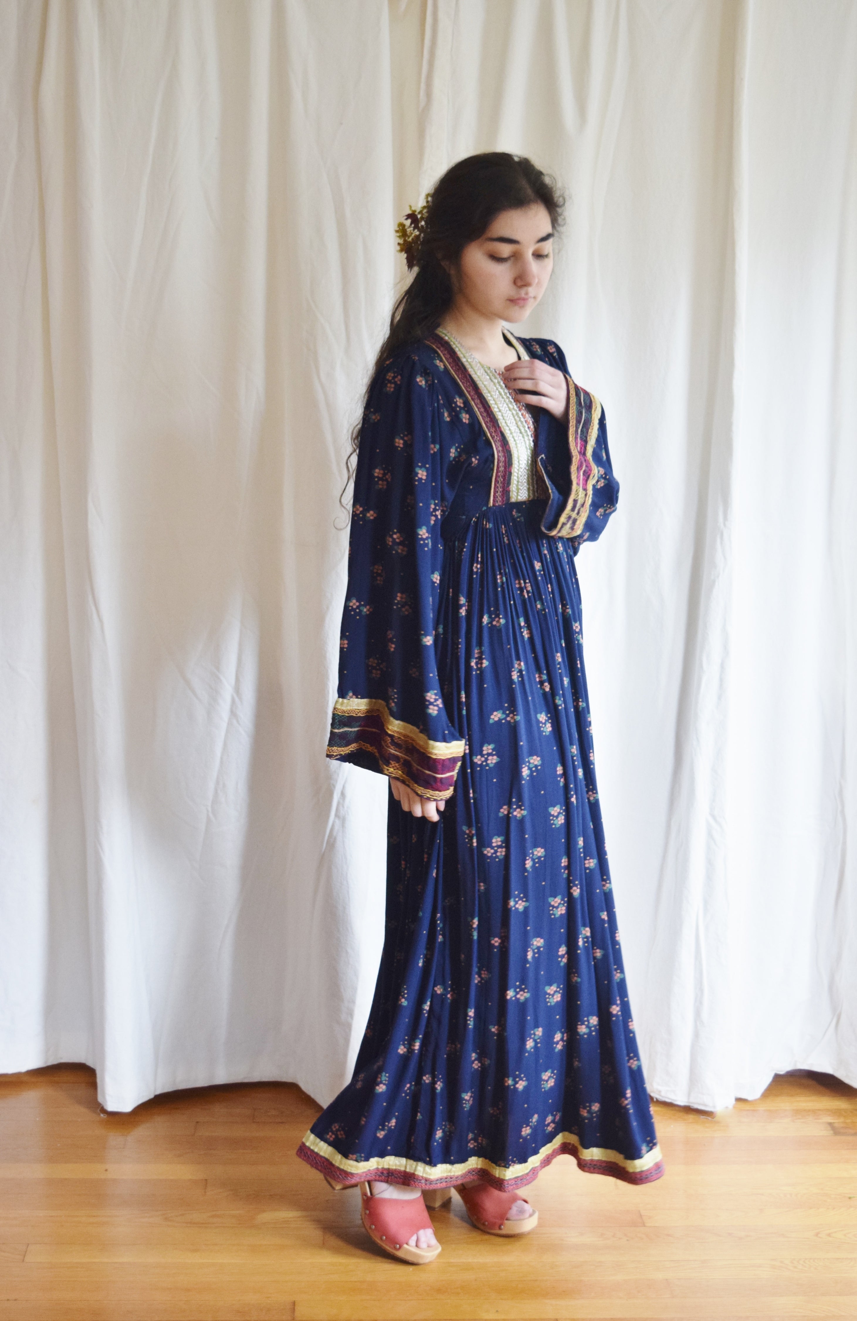 Vintage Afghan Folk Dress | Blue Floral Print Maxi Dress