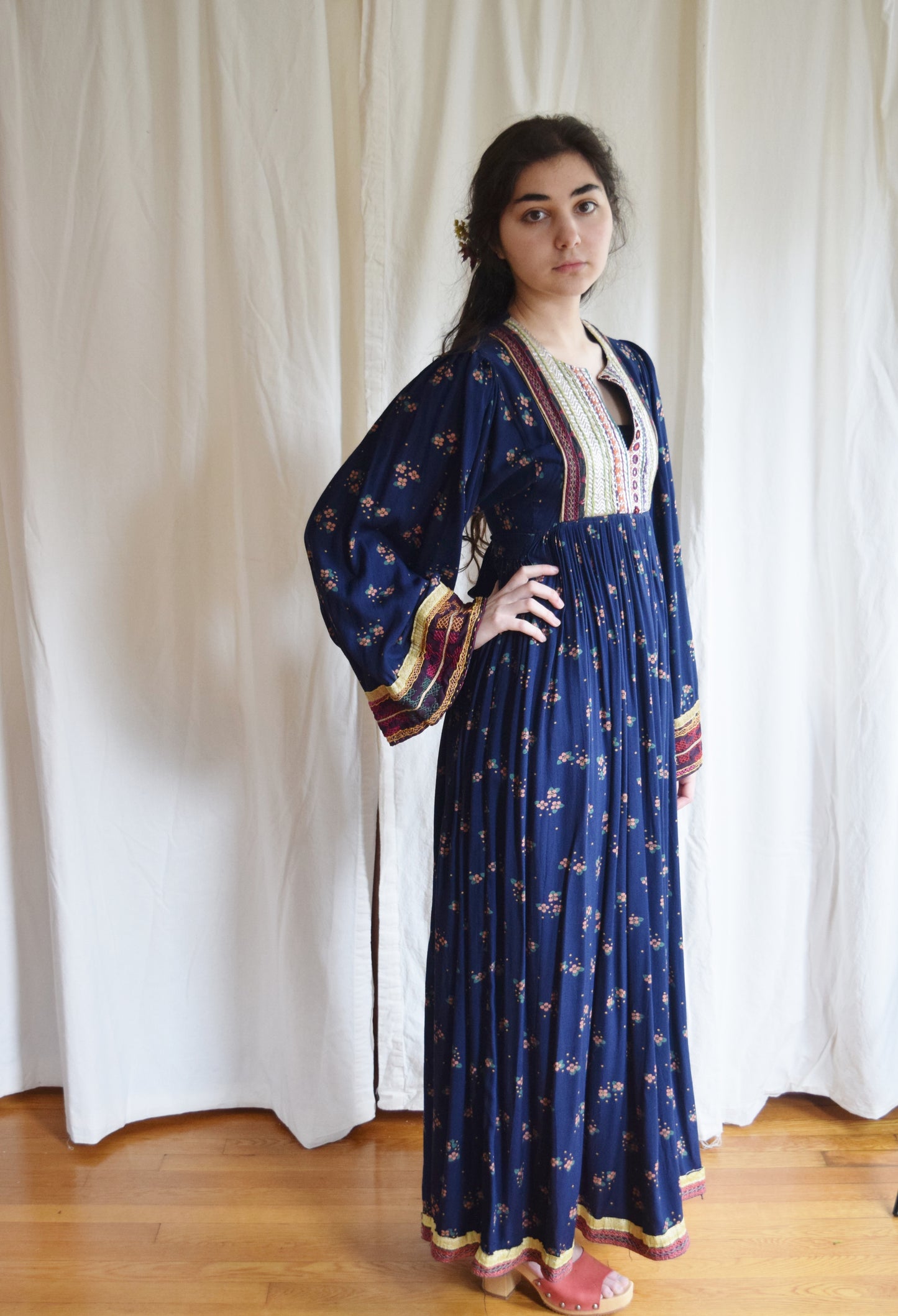 Vintage Afghan Folk Dress | Blue Floral Print Maxi Dress