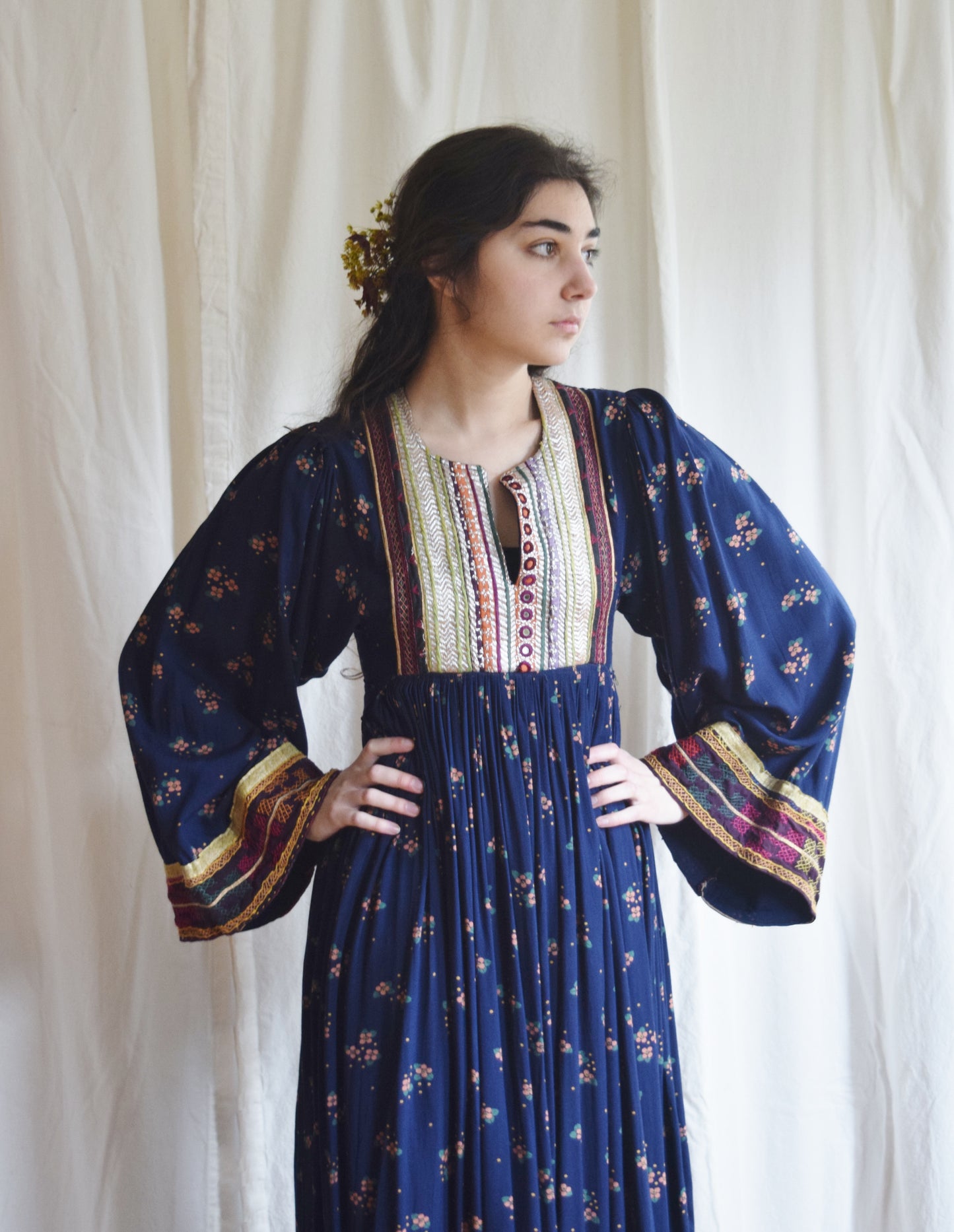 Vintage Afghan Folk Dress | Blue Floral Print Maxi Dress