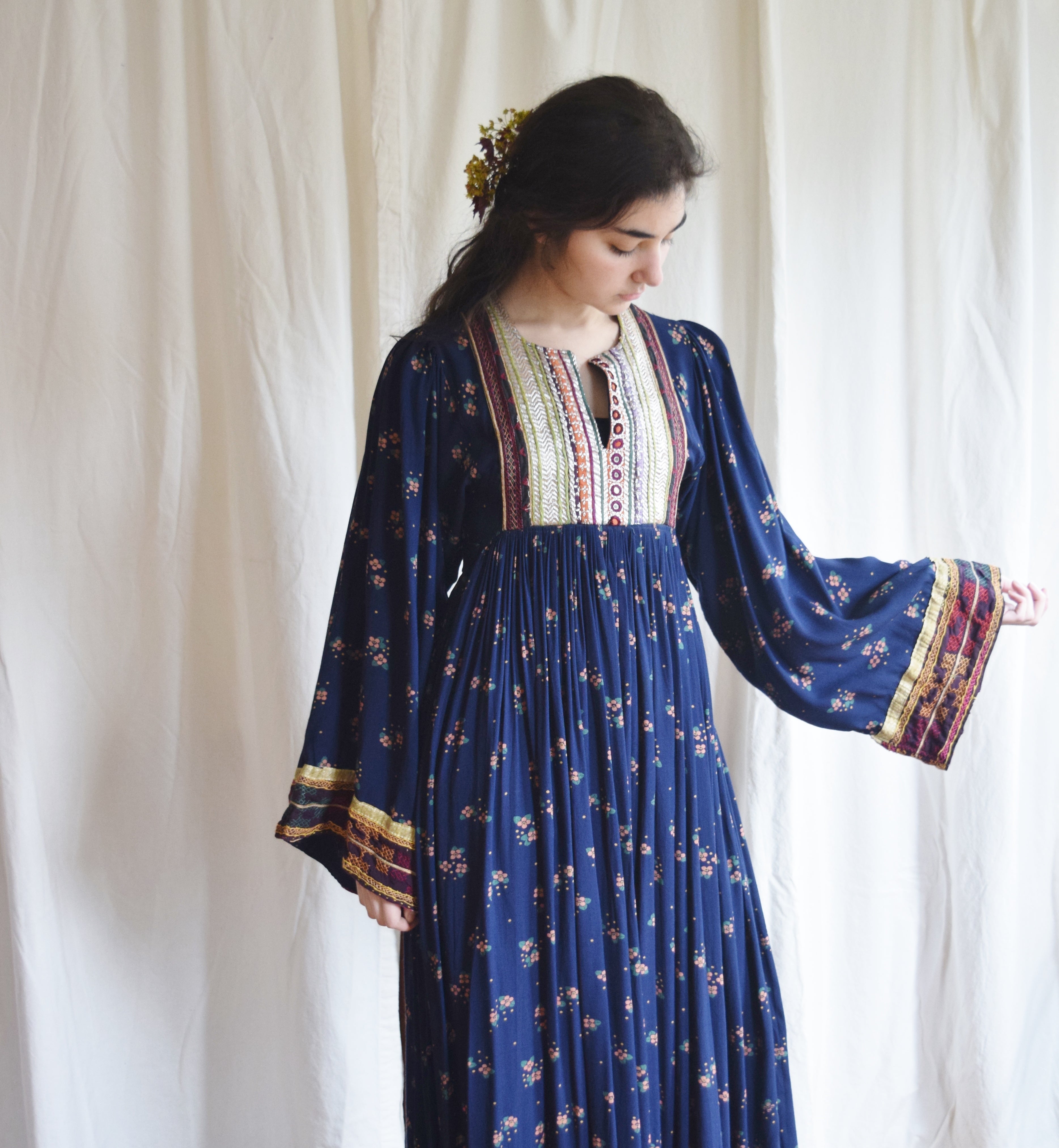 Vintage Afghan Folk Dress | Blue Floral Print Maxi Dress