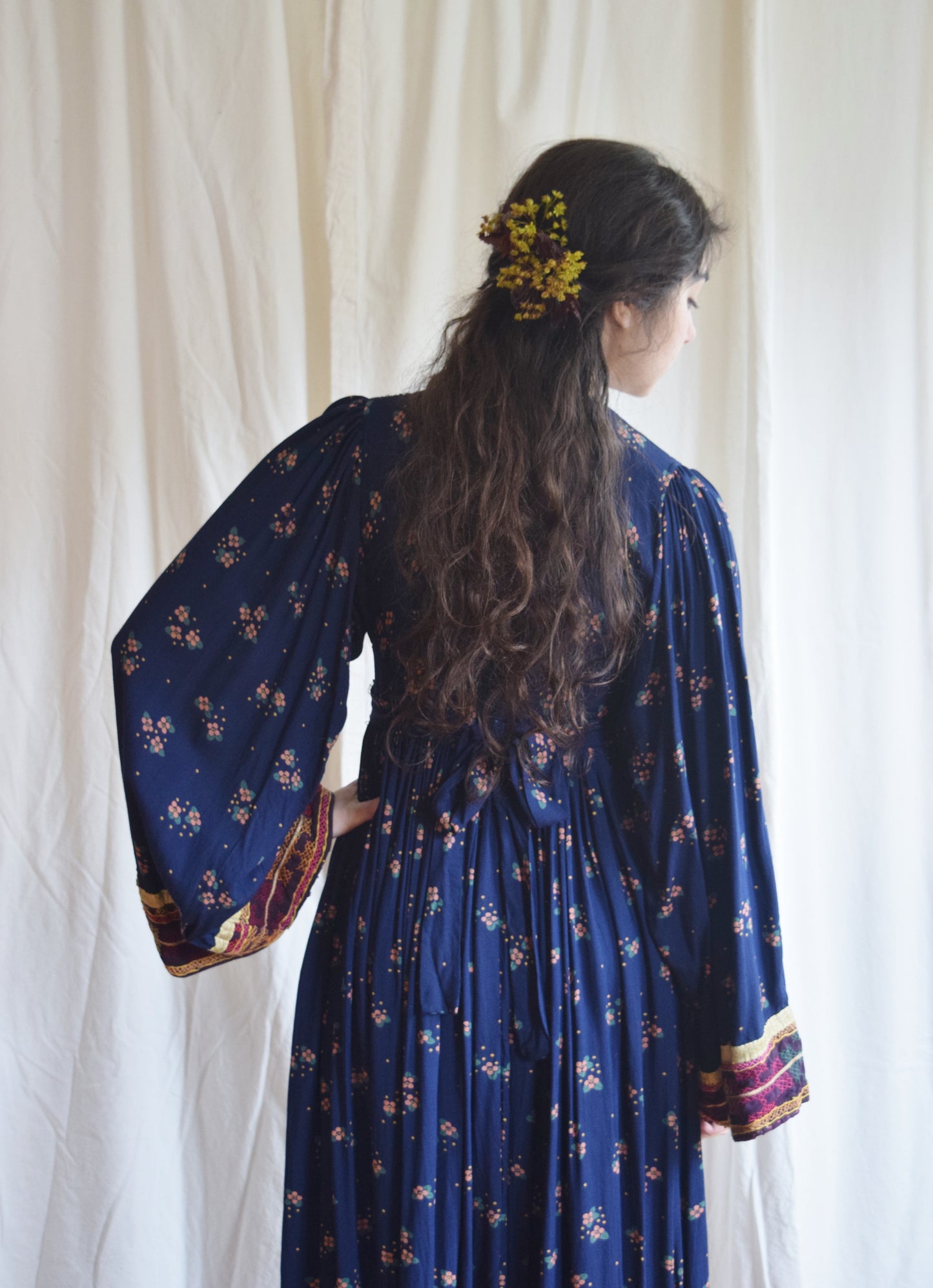 Vintage Afghan Folk Dress | Blue Floral Print Maxi Dress