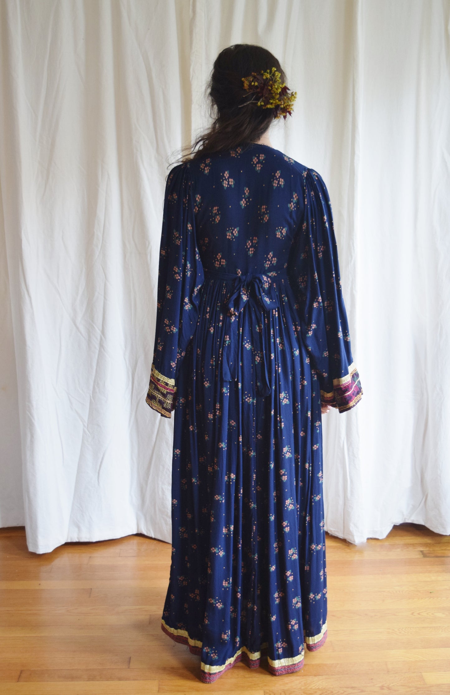 Vintage Afghan Folk Dress | Blue Floral Print Maxi Dress