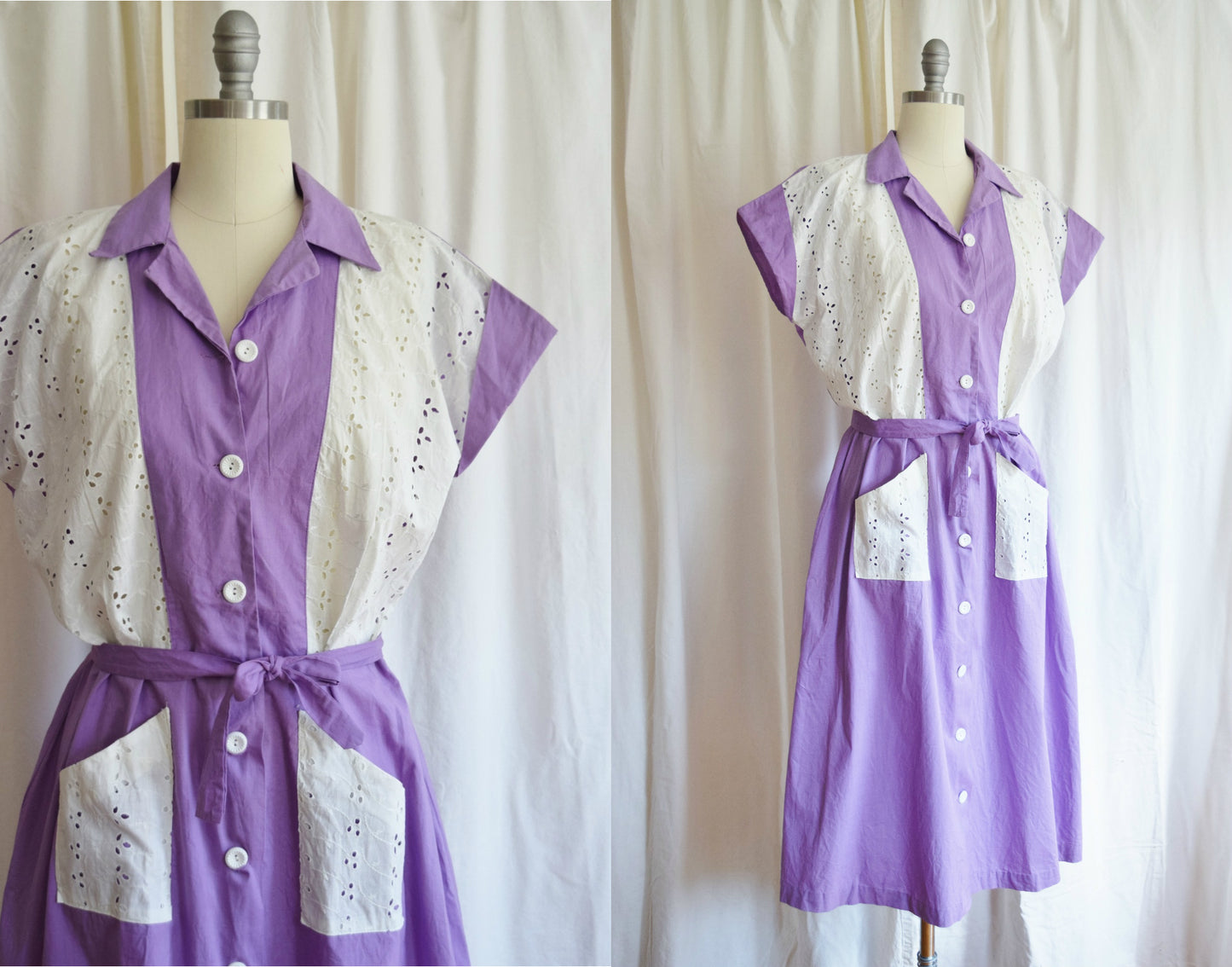 Early 1950s Purple and Eyelet Day Dress | Approx. L/XL
